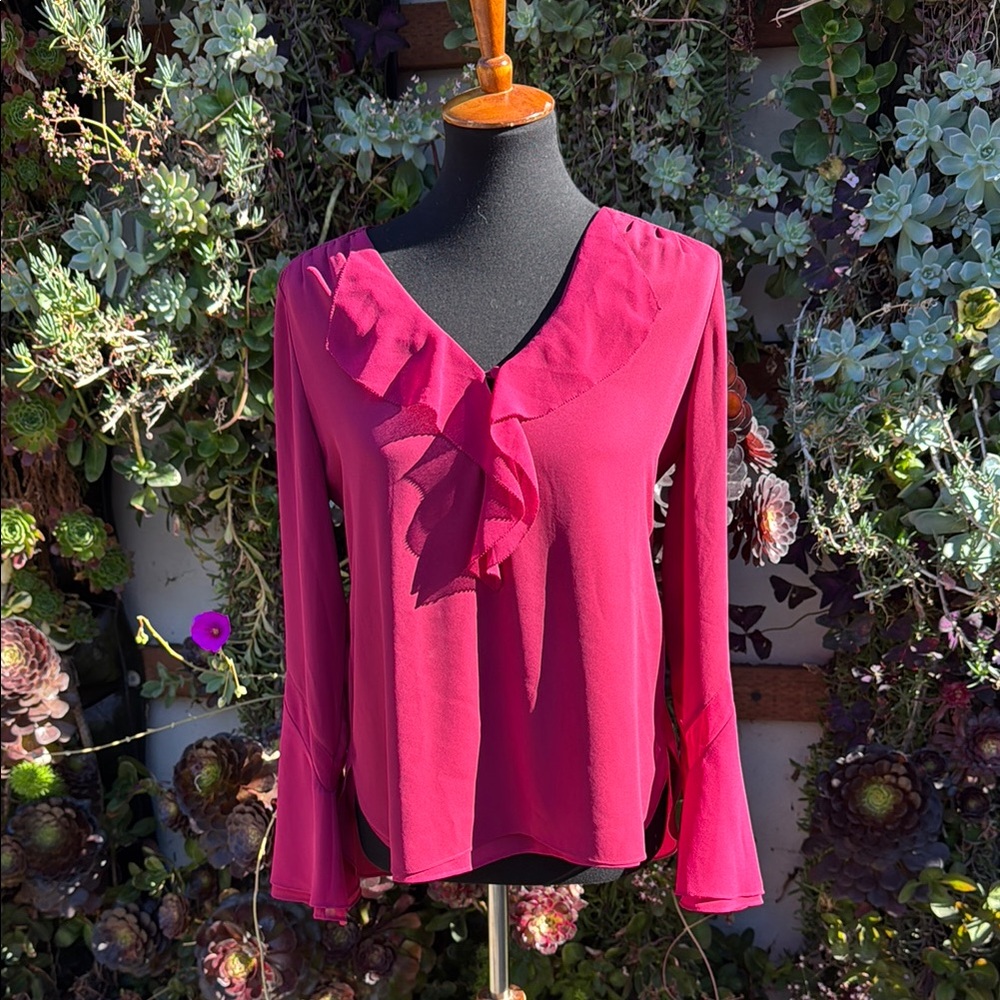 White House Black Market Pink Ruffled Long Sleeve Blouse